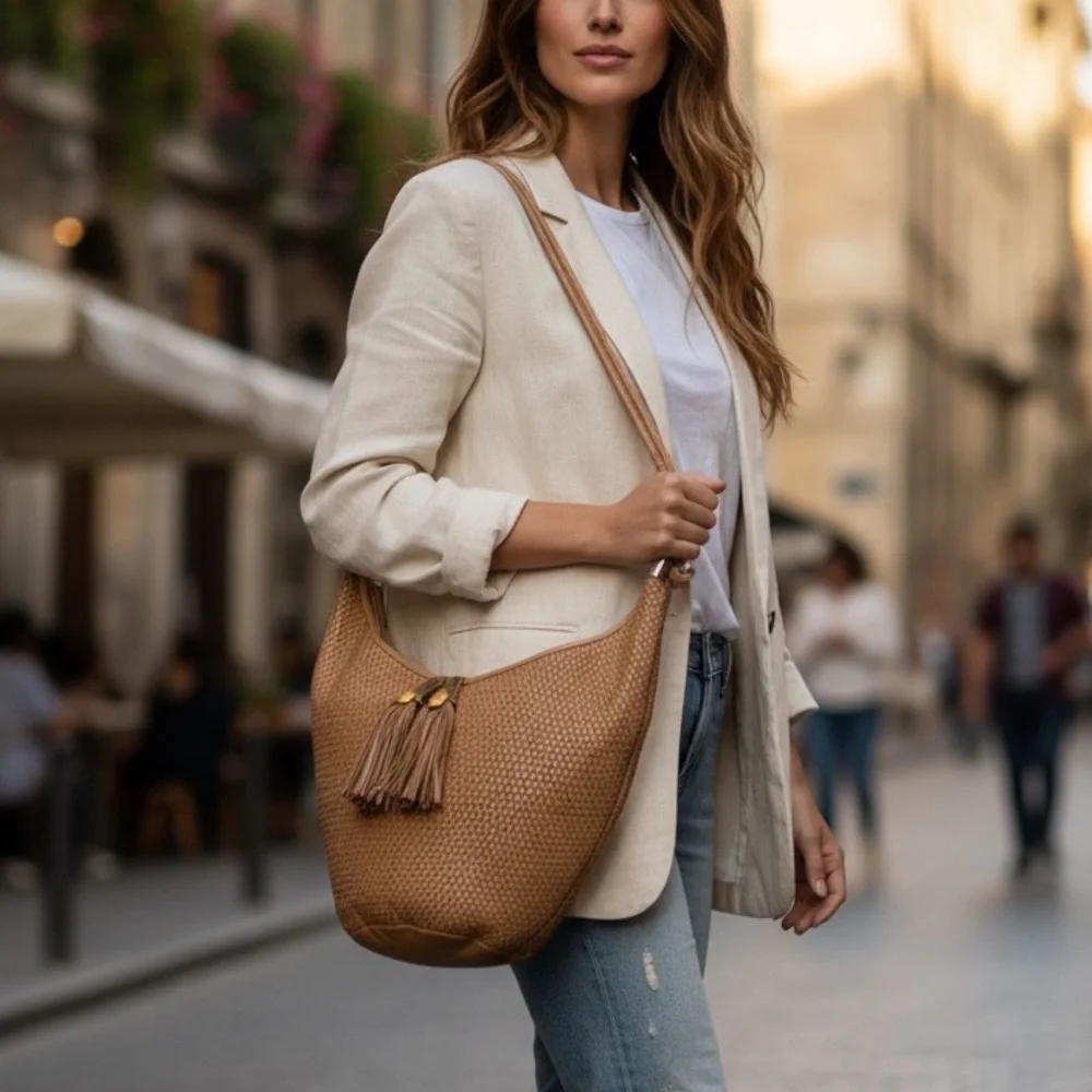 Perez Sanz 6212 Woven Tassel Leather Hobo Bag Purse